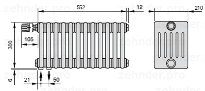 Схема (чертеж) Радиатор Zehnder Charleston 6030/12 №V001 Белый глянцевый RAL 9016